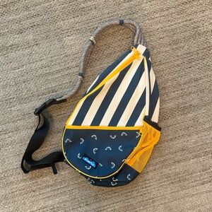 Kavu Navy Yellow Striped Paxton Rope Sling Crossbody Fly Fish Print Backpack